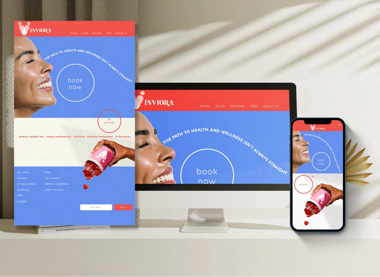 Inviora healthcare brand applied across print, desktop, and mobile designs